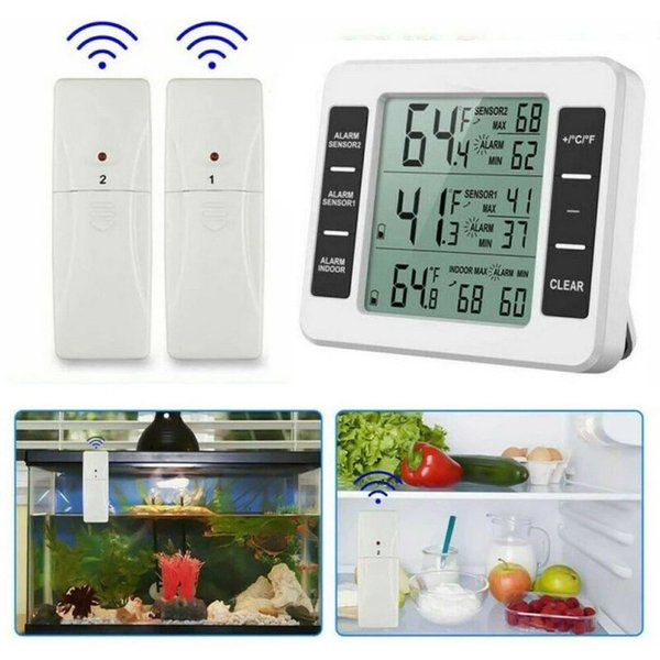 BlingBin Kühlschrankthermometer Funk Kühlschrank Thermometer Digital mit 2 Sensoren, 1er Set 3-tlg., Temperatur Alarm, Innen-/Außentemperatur, MIN/MAX für Gefri