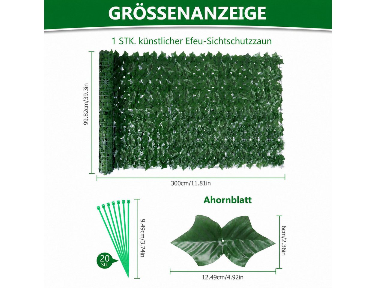 BlingBin Kunsthecken-Sichtschutz Balkonsichtschutz Kunsthecke 300 × 100 cm, Efeu-Optik, zuschneidba, (1er Set, 1-St., 1 Stück – 300 × 100 cm / 3 m), Für Outdoor – Bild 2 von 5