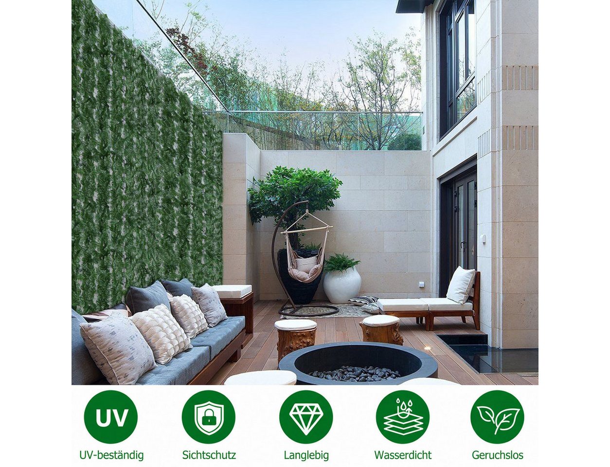 BlingBin Kunsthecken-Sichtschutz Balkonsichtschutz Kunsthecke 300 × 100 cm, Efeu-Optik, zuschneidba, (1er Set, 1-St., 1 Stück – 300 × 100 cm / 3 m), Für Outdoor – Bild 3 von 5