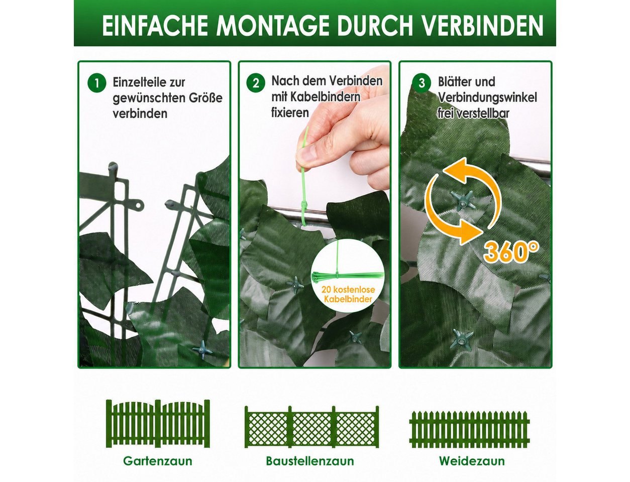 BlingBin Kunsthecken-Sichtschutz Balkonsichtschutz Kunsthecke 300 × 100 cm, Efeu-Optik, zuschneidba, (1er Set, 1-St., 1 Stück – 300 × 100 cm / 3 m), Für Outdoor – Bild 4 von 5
