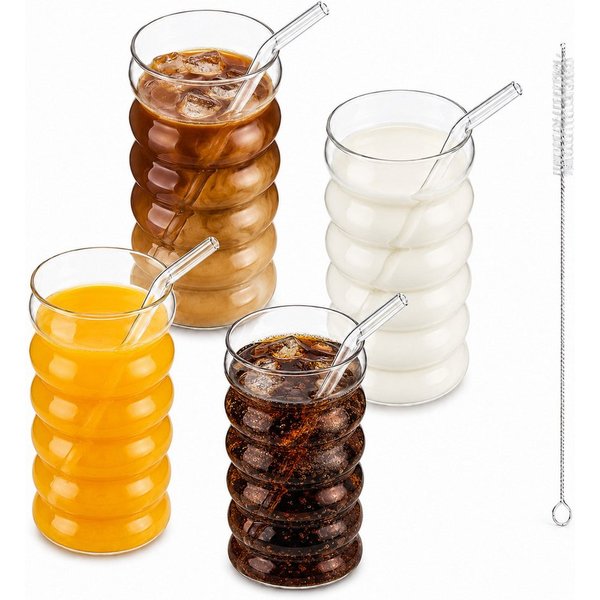 BlingBin Latte-Macchiato-Tasse Gerippte Trinkgläser Getränkegläser, Espressotassen Gläser Set, 4-tlg., Glas, Kaffeetassen Mit 4 Straws Für Cappuccino, Latte, Ka