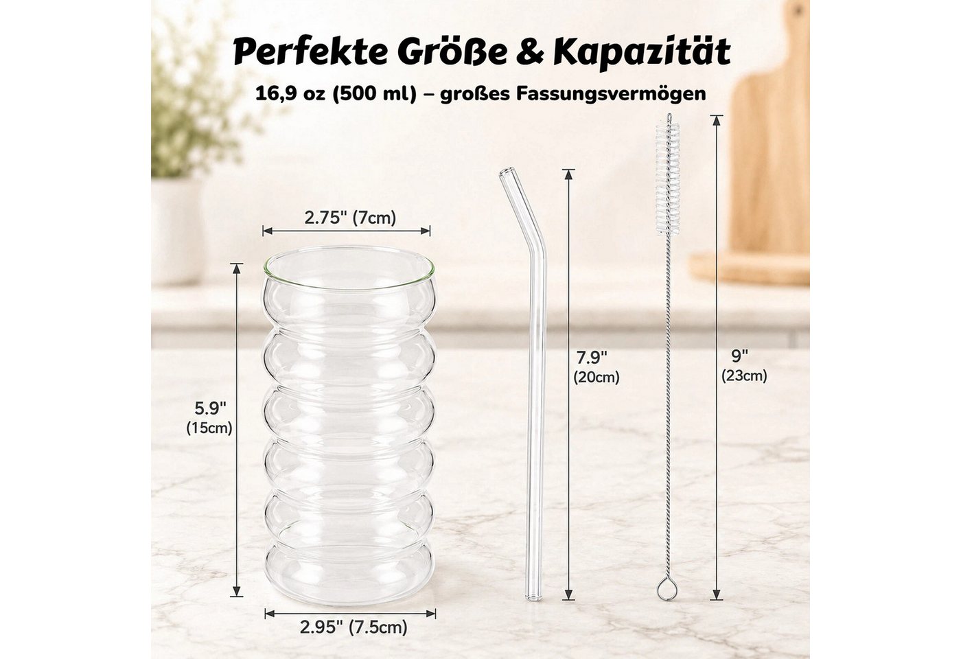 BlingBin Latte-Macchiato-Tasse Gerippte Trinkgläser Getränkegläser, Espressotassen Gläser Set, 4-tlg., Glas, Kaffeetassen Mit 4 Straws Für Cappuccino, Latte, Ka – Bild 2 von 5