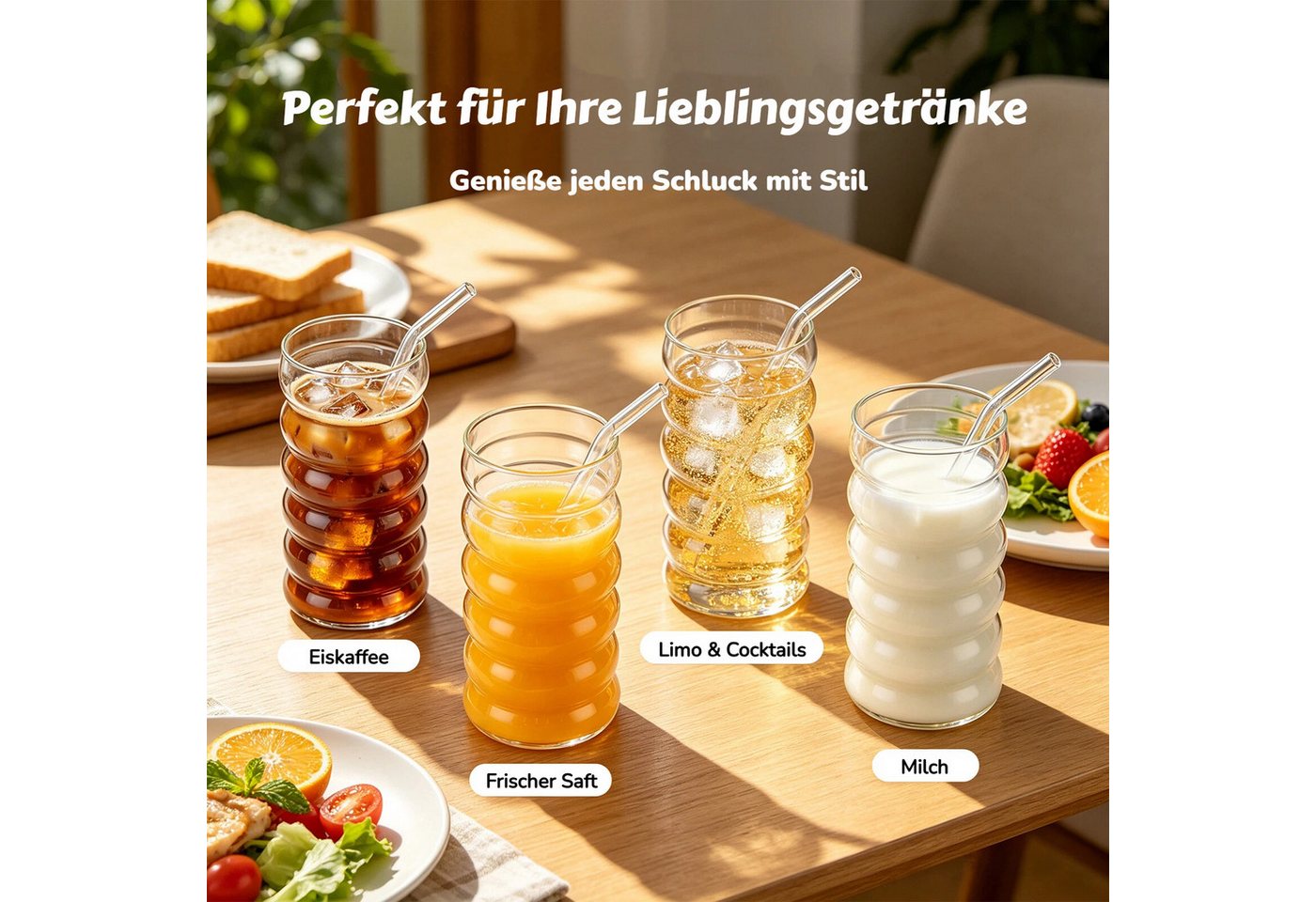 BlingBin Latte-Macchiato-Tasse Gerippte Trinkgläser Getränkegläser, Espressotassen Gläser Set, 4-tlg., Glas, Kaffeetassen Mit 4 Straws Für Cappuccino, Latte, Ka – Bild 3 von 5