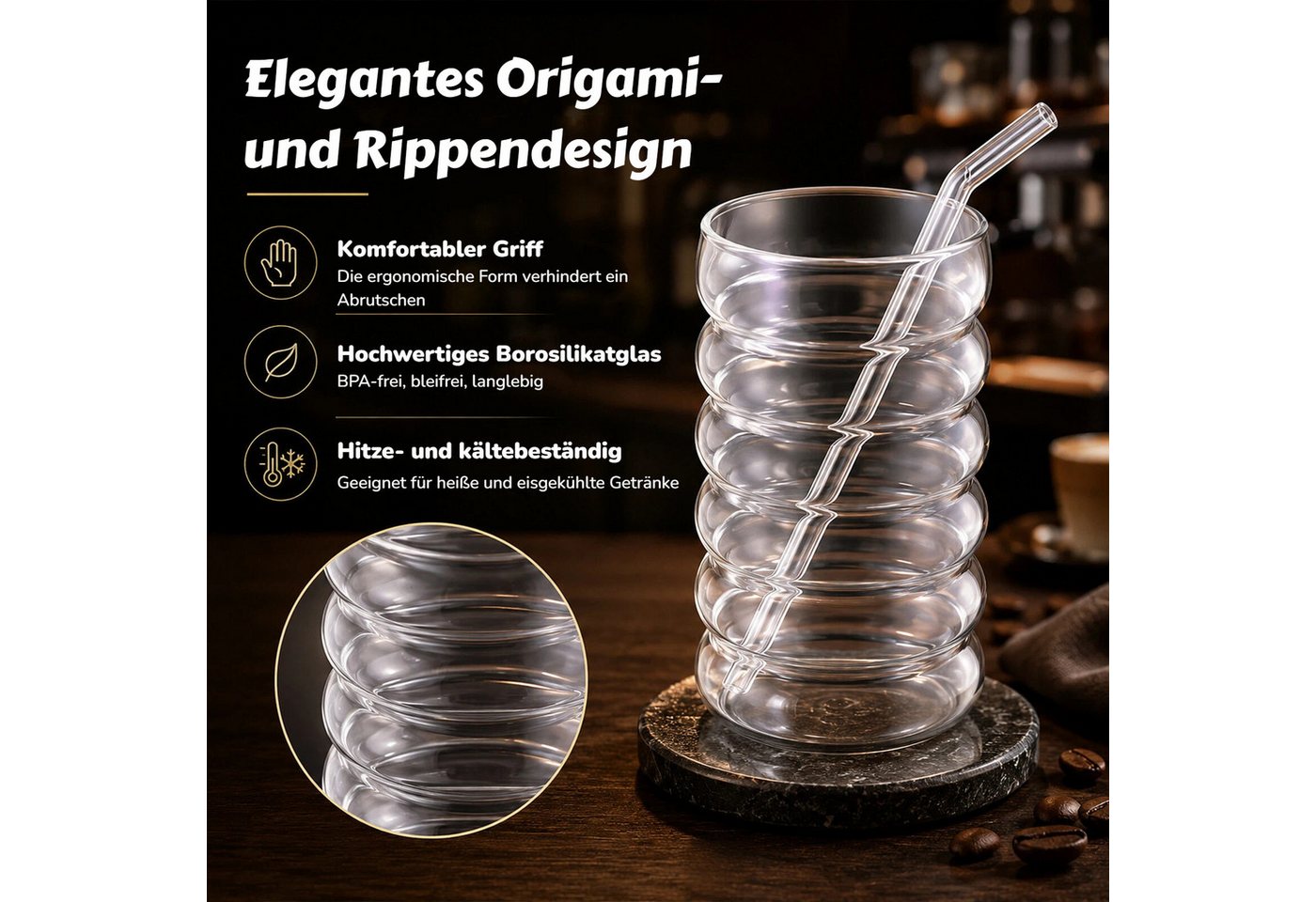 BlingBin Latte-Macchiato-Tasse Gerippte Trinkgläser Getränkegläser, Espressotassen Gläser Set, 4-tlg., Glas, Kaffeetassen Mit 4 Straws Für Cappuccino, Latte, Ka – Bild 4 von 5