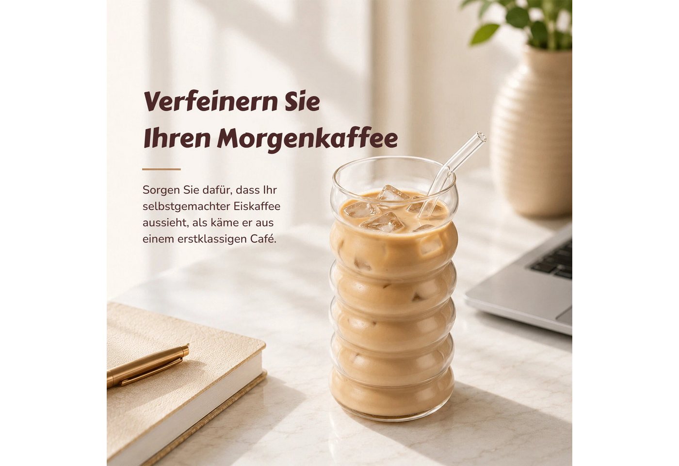 BlingBin Latte-Macchiato-Tasse Gerippte Trinkgläser Getränkegläser, Espressotassen Gläser Set, 4-tlg., Glas, Kaffeetassen Mit 4 Straws Für Cappuccino, Latte, Ka – Bild 5 von 5