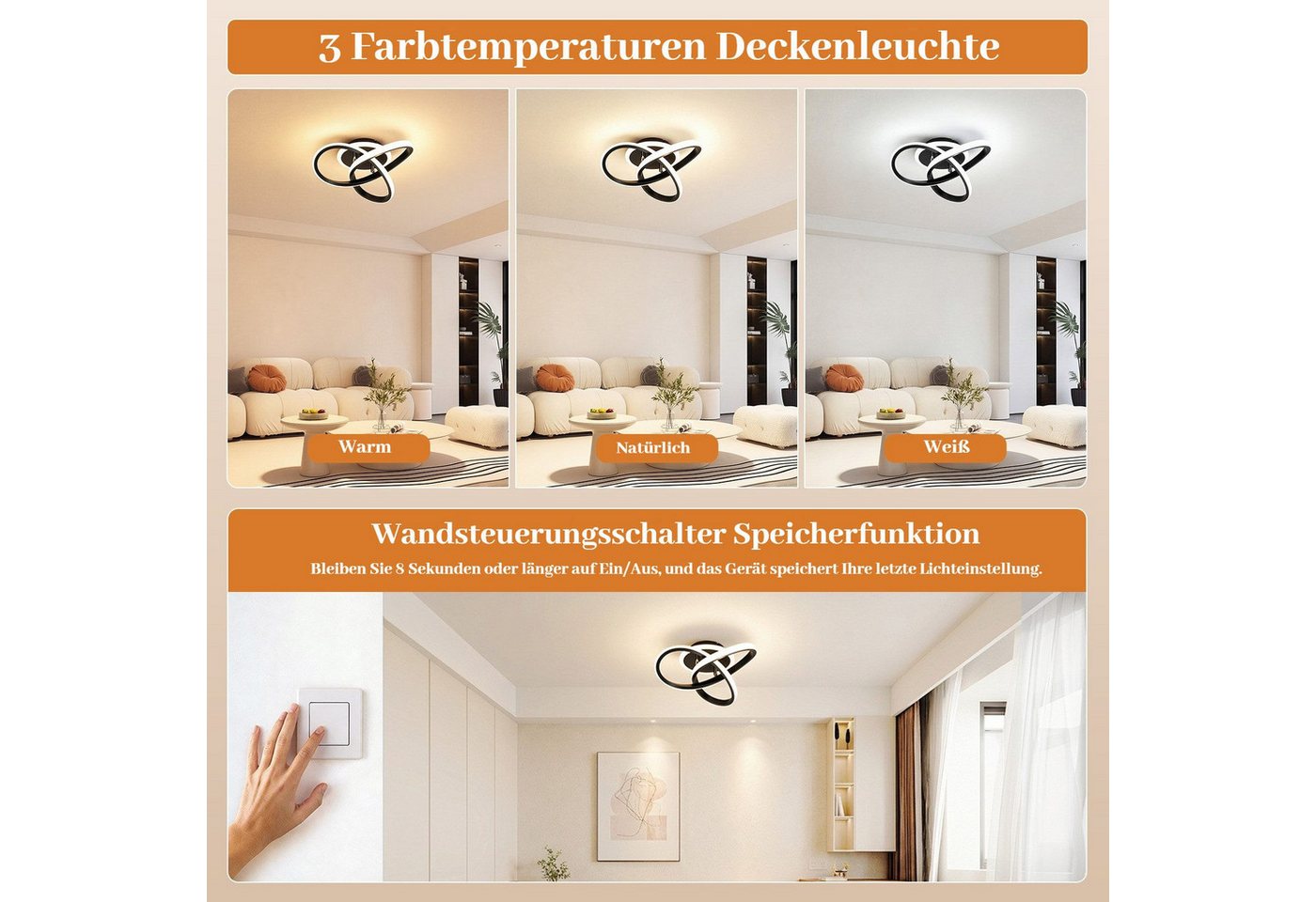 BlingBin LED Deckenleuchte 21W 2100LM Deckenlampe, Kreatives Blumendesign Deckenbeleuchtung, Speicherfunktion, LED fest integriert, Warmweiß, Kaltweiß, Neutralw – Bild 4 von 5