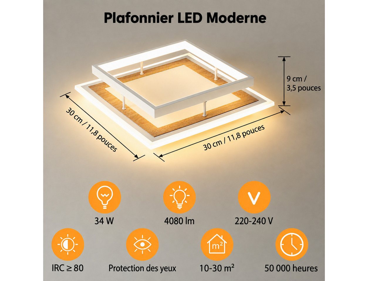 BlingBin LED Deckenleuchte Ø 30 Deckenlampe quadratisch/rund moderne Holzoptik 34 W Warmweiß, quadratisch, LED fest integriert, Tageslichtweiß, Sandweiß für Woh – Bild 4 von 5