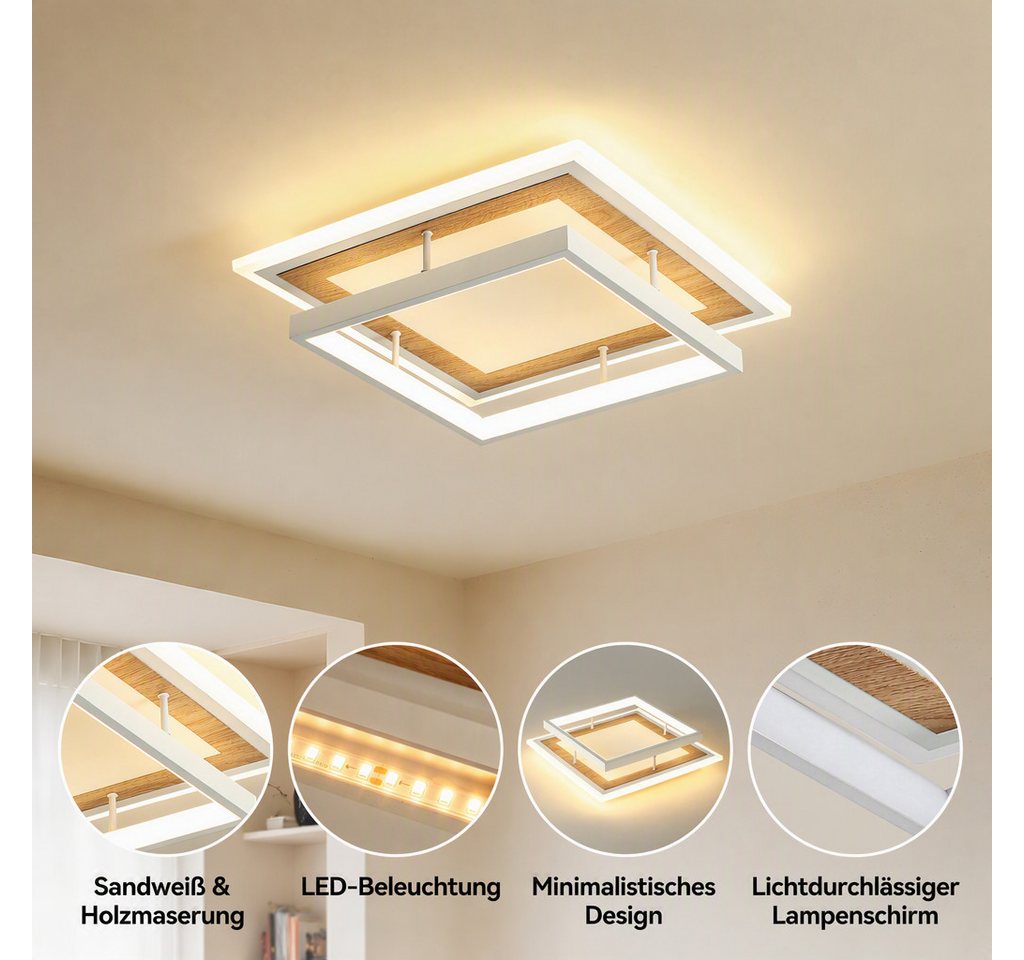 BlingBin LED Deckenleuchte Ø 30 Deckenlampe quadratisch/rund moderne Holzoptik 34 W Warmweiß, quadratisch, LED fest integriert, Tageslichtweiß, Sandweiß für Woh – Bild 5 von 5