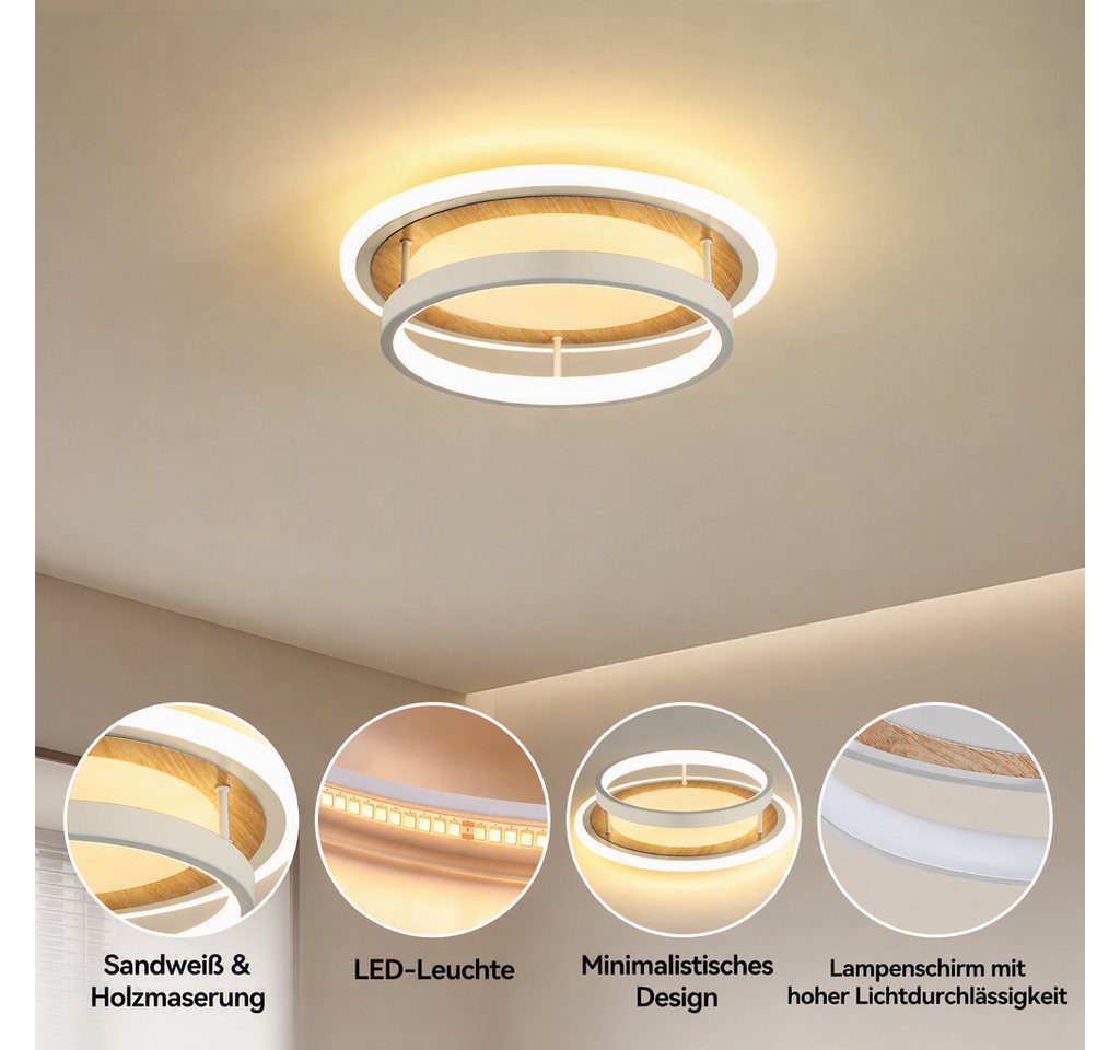 BlingBin LED Deckenleuchte Ø 30 Deckenlampe quadratisch/rund moderne Holzoptik 34 W Warmweiß, rund, LED fest integriert, Tageslichtweiß, Sandweiß für Wohnzimmer – Bild 3 von 5