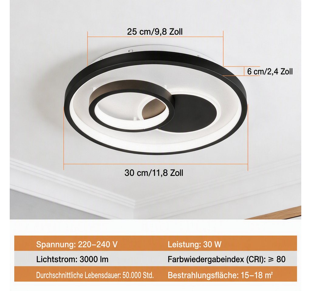 BlingBin LED Deckenleuchte Ø30cm Dimmbar Deckenlampe 30W, Runde 3000LM, 30W, LED fest integriert, Neutralweiß, Warmweiß, Kaltweiße, LED fest integriert, 3000-65 – Bild 3 von 5