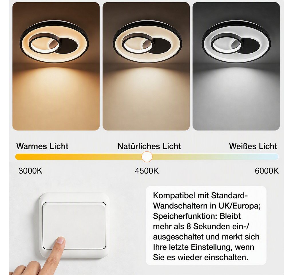 BlingBin LED Deckenleuchte Ø30cm Dimmbar Deckenlampe 30W, Runde 3000LM, 30W, LED fest integriert, Neutralweiß, Warmweiß, Kaltweiße, LED fest integriert, 3000-65 – Bild 5 von 5