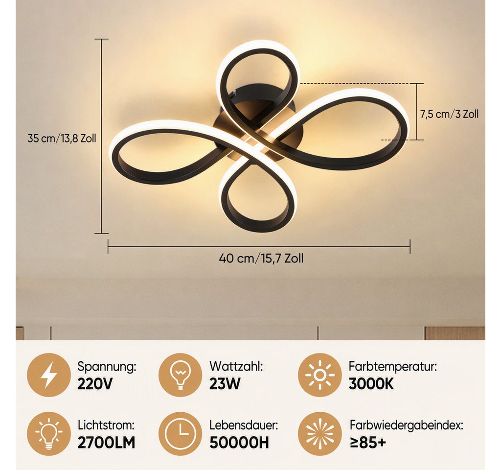 BlingBin LED Deckenleuchte 40cm DeckenLampe 23W warmweiß 2300LM Schwarz, 35Lx40Bx7,5Hcm, LED fest integriert, Modern Deckenlampe 3000K für Wohnzimmer Küche Flur – Bild 3 von 5