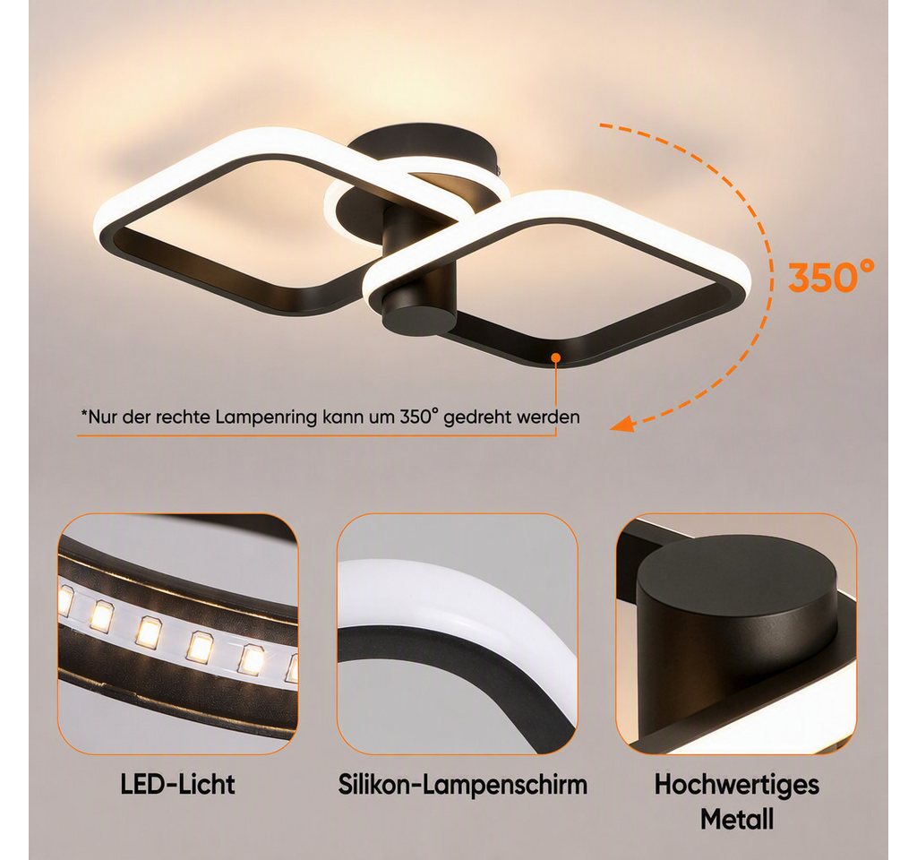 BlingBin LED Deckenleuchte 46cm DeckenLampe 34W 1895 lm, sandschwarz, 3000 K, LED fest integriert, Tageslichtweiß, Modern Deckenlampe 3000K für Wohnzimmer Küche – Bild 4 von 5