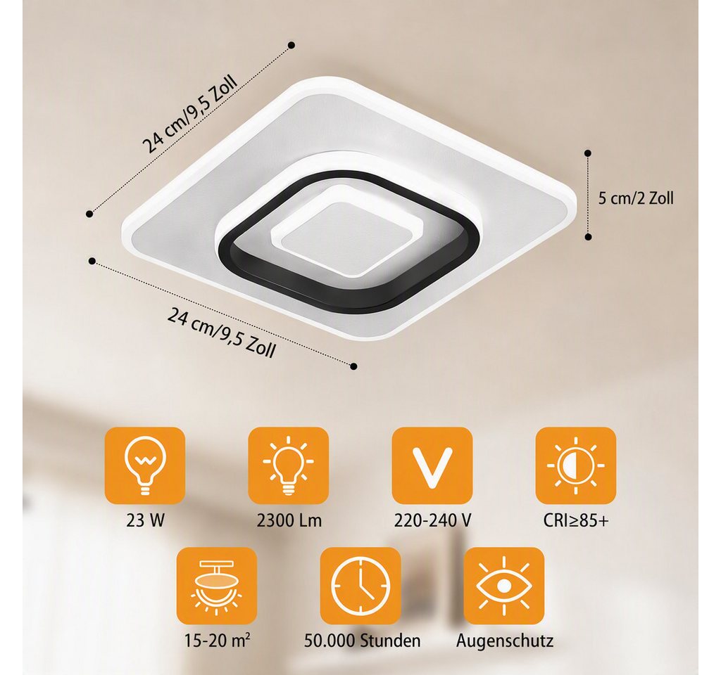 BlingBin LED Deckenleuchte Dimmbar Deckenlampe LED Moderne 22W Runde/Quadrat, L24xW24xH5cm, LED fest integriert, Neutralweiß, Kaltweiß, 22 W 1496 lm, ultraflach – Bild 4 von 5