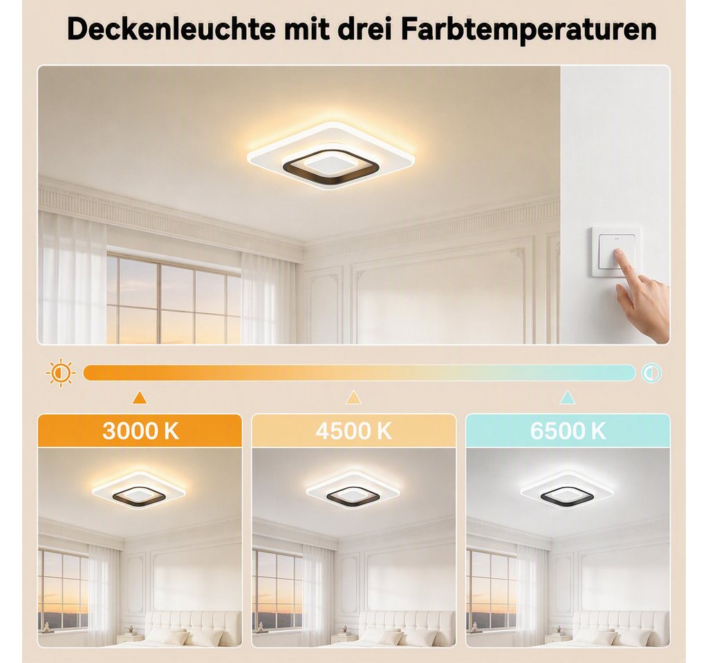 BlingBin LED Deckenleuchte Dimmbar Deckenlampe LED Moderne 22W Runde/Quadrat, L24xW24xH5cm, LED fest integriert, Neutralweiß, Kaltweiß, 22 W 1496 lm, ultraflach – Bild 5 von 5