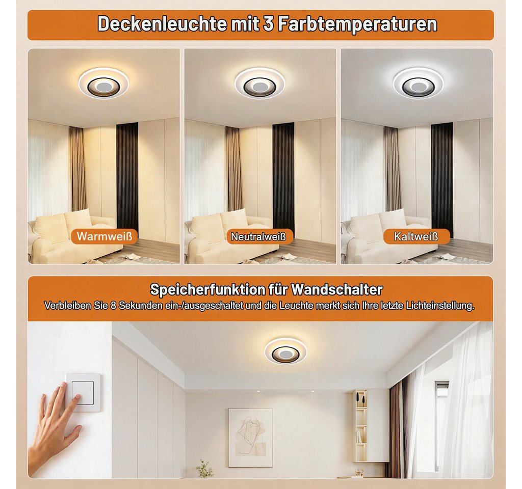 BlingBin LED Deckenleuchte Dimmbar Deckenlampe LED Moderne 22W Runde/Quadrat, D24xH5cm, LED fest integriert, Neutralweiß, Kaltweiß, 22 W 1496 lm, ultraflach 5 c – Bild 4 von 5