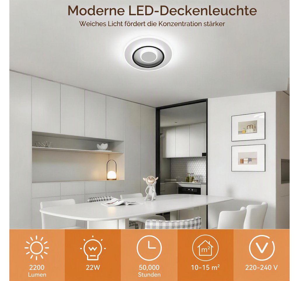 BlingBin LED Deckenleuchte Dimmbar Deckenlampe LED Moderne 22W Runde/Quadrat, D24xH5cm, LED fest integriert, Neutralweiß, Kaltweiß, 22 W 1496 lm, ultraflach 5 c – Bild 5 von 5