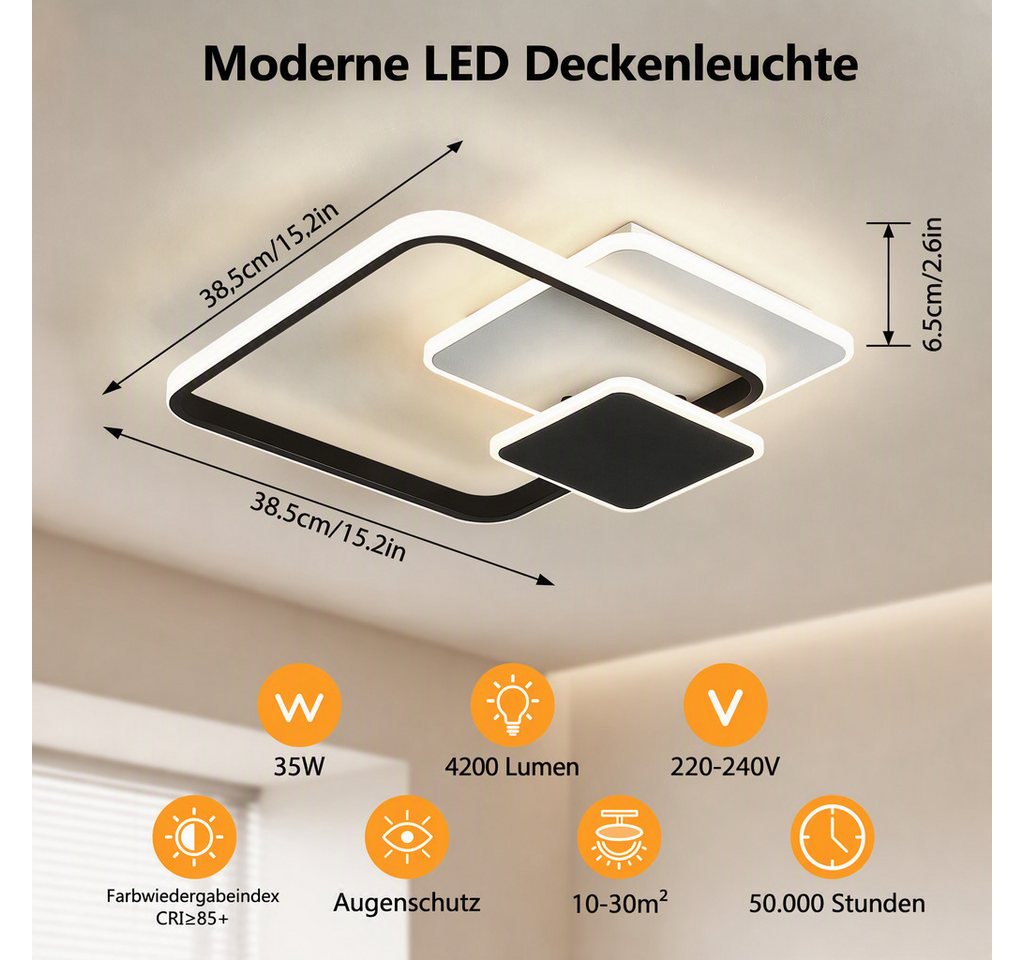BlingBin LED Deckenleuchte dimmbar im 3Quadrat-Design, 35 W, Deckenlampe mit Bluetooth-App, 3Quadrat-Design, LED fest integriert, Warmweiß, Kaltweiß, Neutralwei – Bild 4 von 5