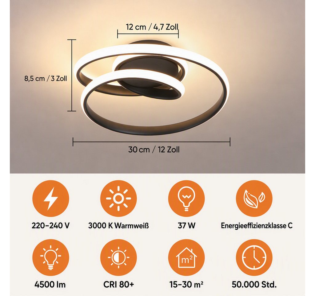 BlingBin LED Deckenleuchte Warmweiße Deckenlampe mit Spiralring, Ø 30 x H 8,5 cm, 37 W, Warmweiß, LED fest integriert, Modern Deckenlampe 3000K für Wohnzimmer K – Bild 3 von 5