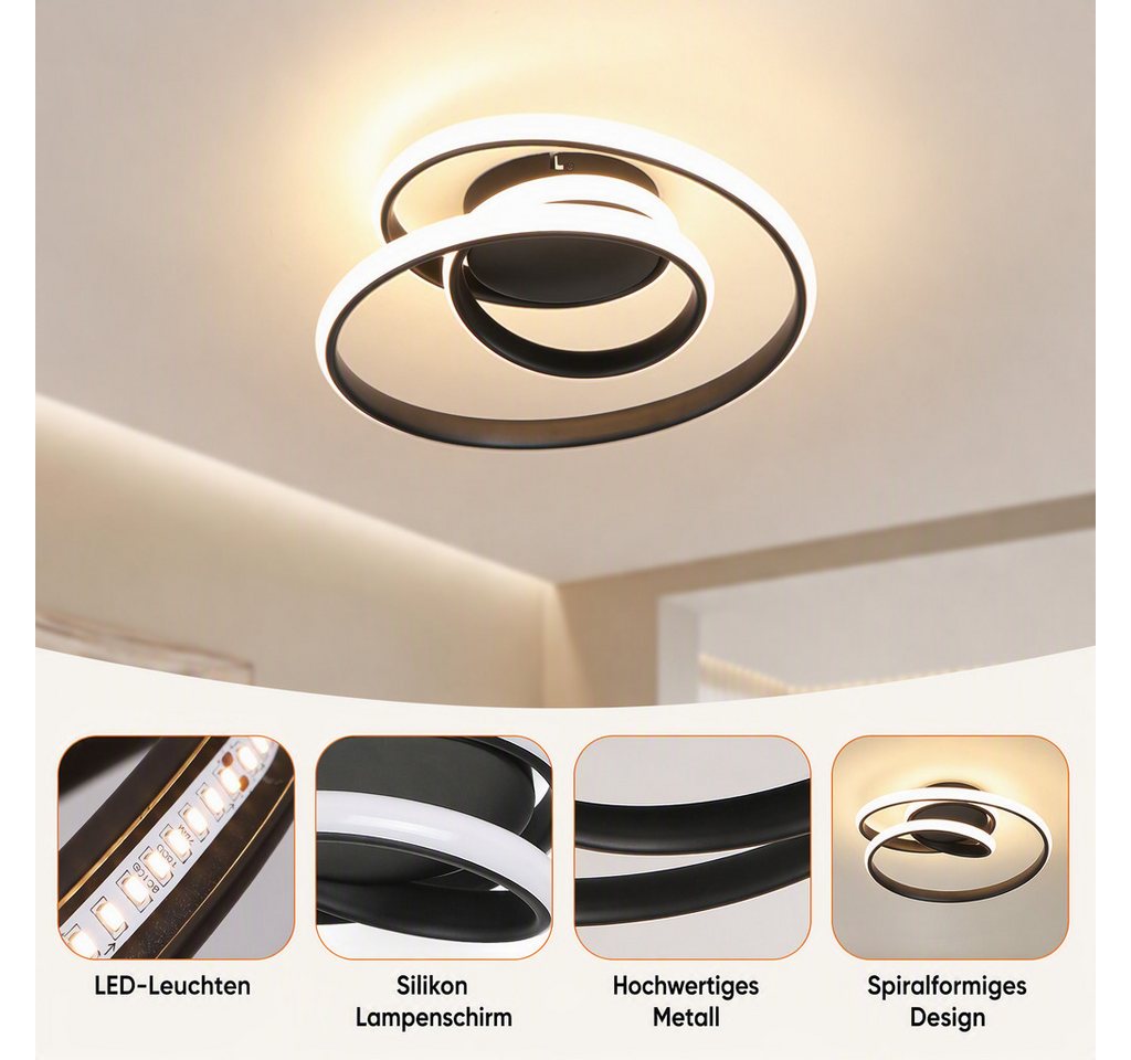 BlingBin LED Deckenleuchte Warmweiße Deckenlampe mit Spiralring, Ø 30 x H 8,5 cm, 37 W, Warmweiß, LED fest integriert, Modern Deckenlampe 3000K für Wohnzimmer K – Bild 4 von 5