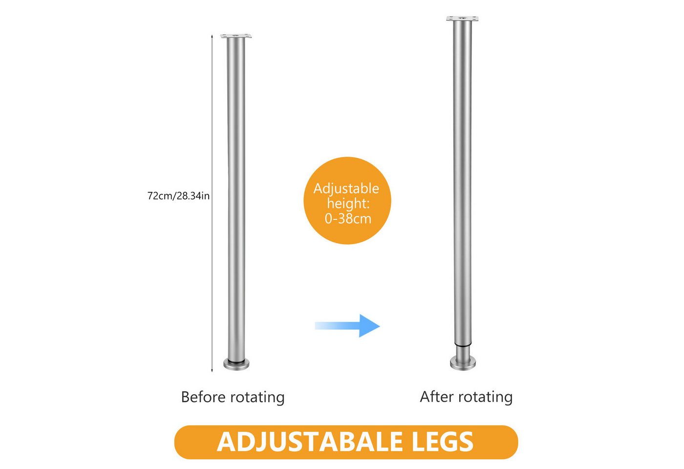 BlingBin Möbelfuß Höhenverstellbare Tischbeine Edelstahl, rutschfest, robust & langlebig, (2er Set, 2-St., Verstellbare Tischbeine 720–1100 mm, Ø50 mm), Möbelbe – Bild 2 von 5