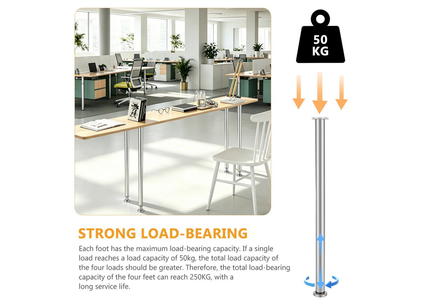 BlingBin Möbelfuß Höhenverstellbare Tischbeine Edelstahl, rutschfest, robust & langlebig, (2er Set, 2-St., Verstellbare Tischbeine 720–1100 mm, Ø50 mm), Möbelbe – Bild 5 von 5