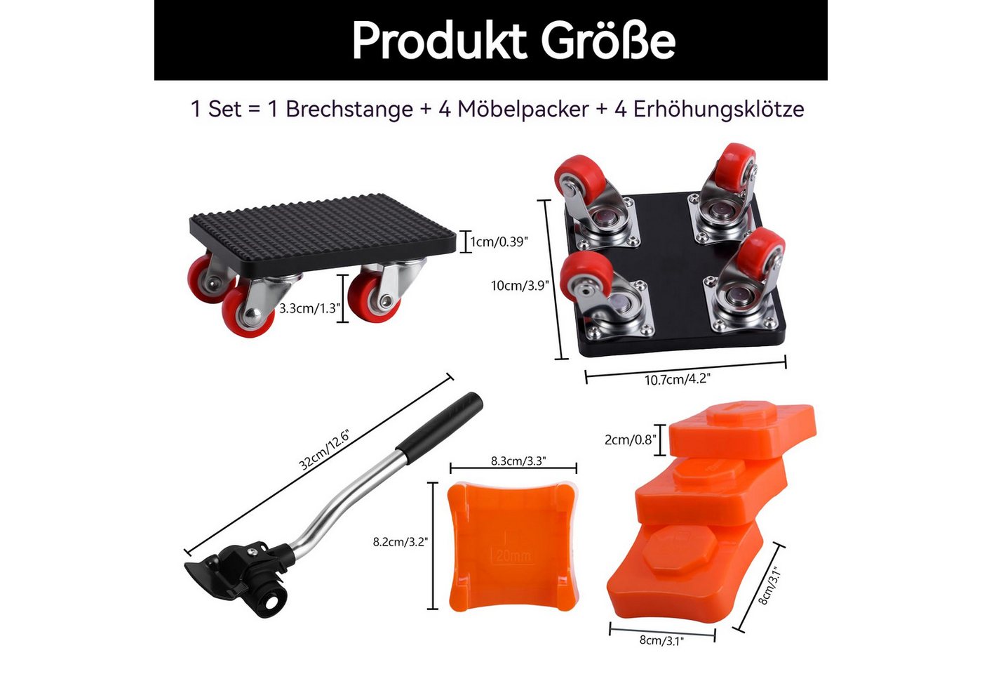 BlingBin Möbelrolle 4 Stück Möbel Transportrollen Set, Schwerer Möbeltransporter, (1er Set, 5-St., mit 4 Transportroller, 1 Hebegestell, 4 Höhenversteller), 360 – Bild 2 von 5