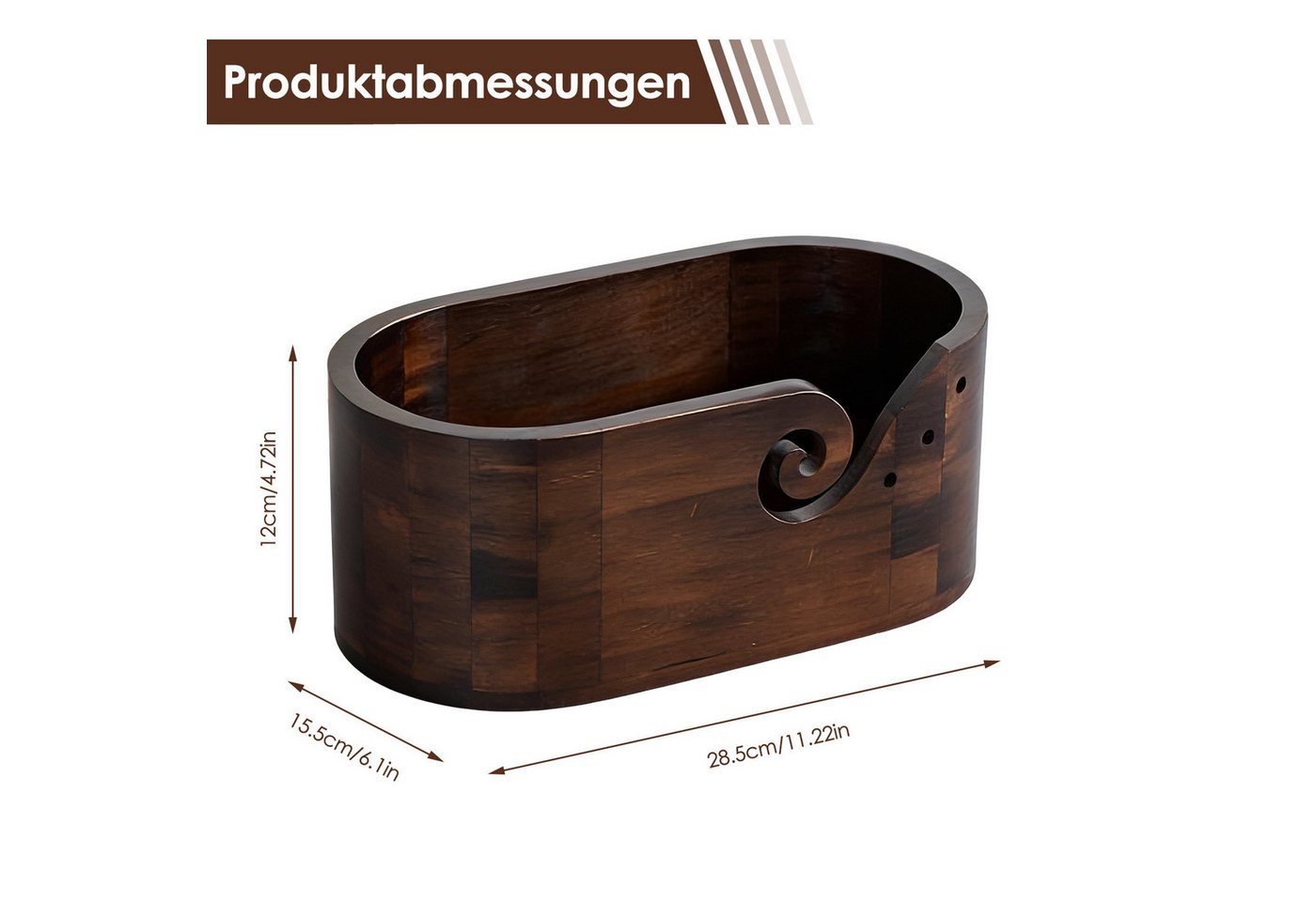 BlingBin Nähkästchen Elliptisch Garnschale mit Groß Kapazität,Holz Strickschale für Wolle (1 Stück, 1 St., ca. 28,5 x 15,5 x 12 cm), Garn Schüssel Mit 3 Löchern – Bild 2 von 5