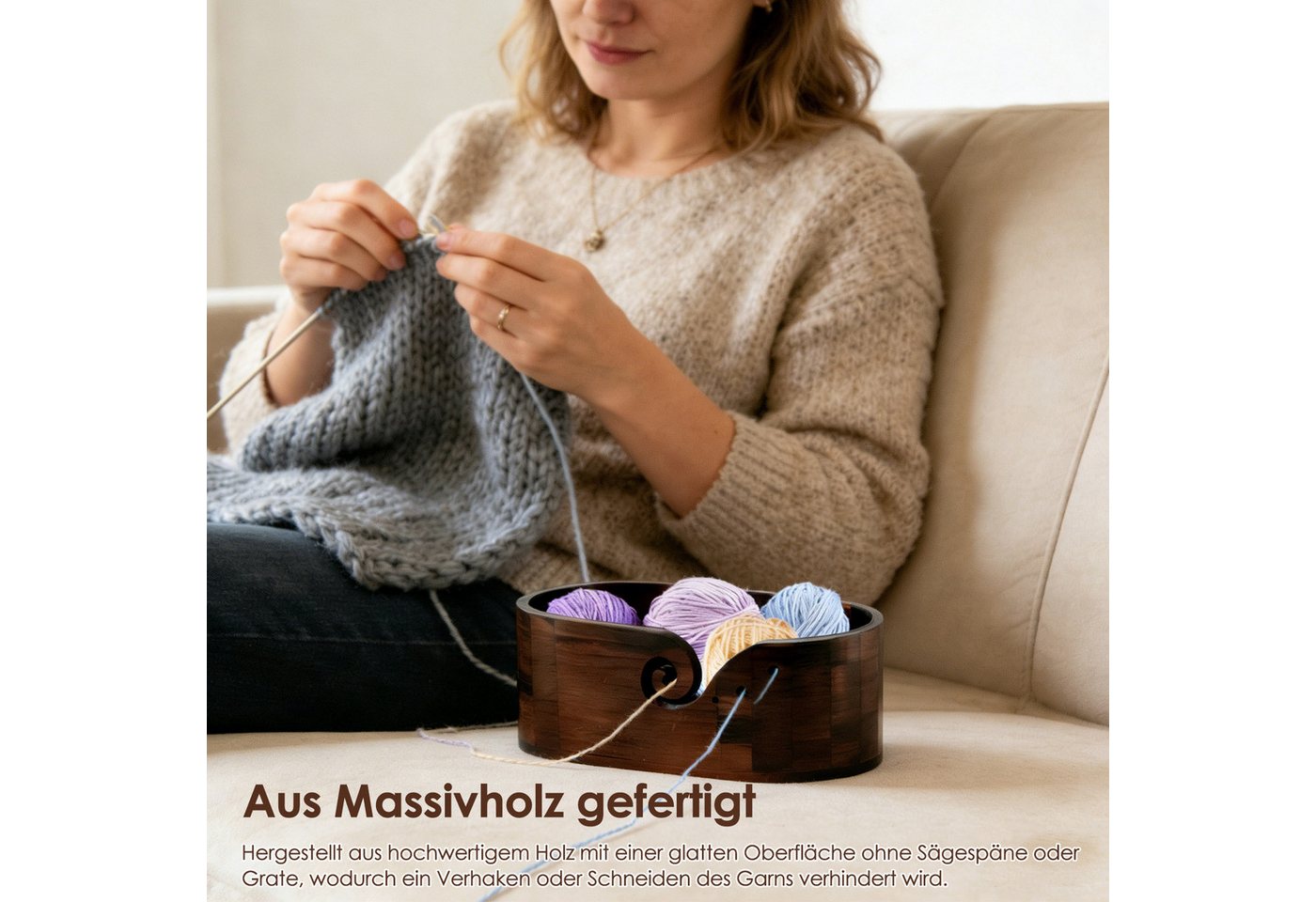 BlingBin Nähkästchen Elliptisch Garnschale mit Groß Kapazität,Holz Strickschale für Wolle (1 Stück, 1 St., ca. 28,5 x 15,5 x 12 cm), Garn Schüssel Mit 3 Löchern – Bild 3 von 5