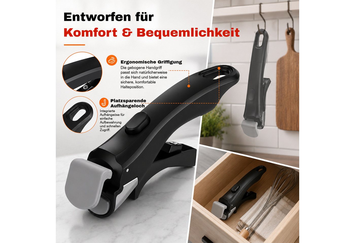 BlingBin Pfannengriff Abnehmbarer Topfgriff, Hitze- & Rutschfester Griff für Töpfe & Pfannen (1er Set, 1-St., Produktabmessungen: 19,5 x 7 x 4 cm), Anti-Rutsch  – Bild 3 von 5