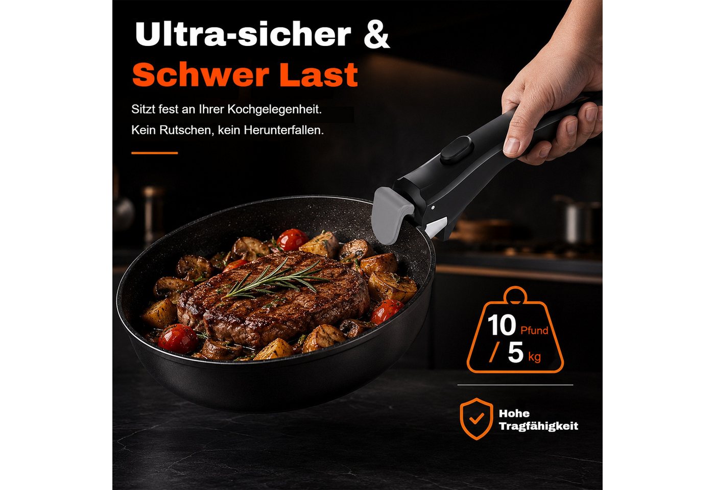 BlingBin Pfannengriff Abnehmbarer Topfgriff, Hitze- & Rutschfester Griff für Töpfe & Pfannen (1er Set, 1-St., Produktabmessungen: 19,5 x 7 x 4 cm), Anti-Rutsch  – Bild 4 von 5