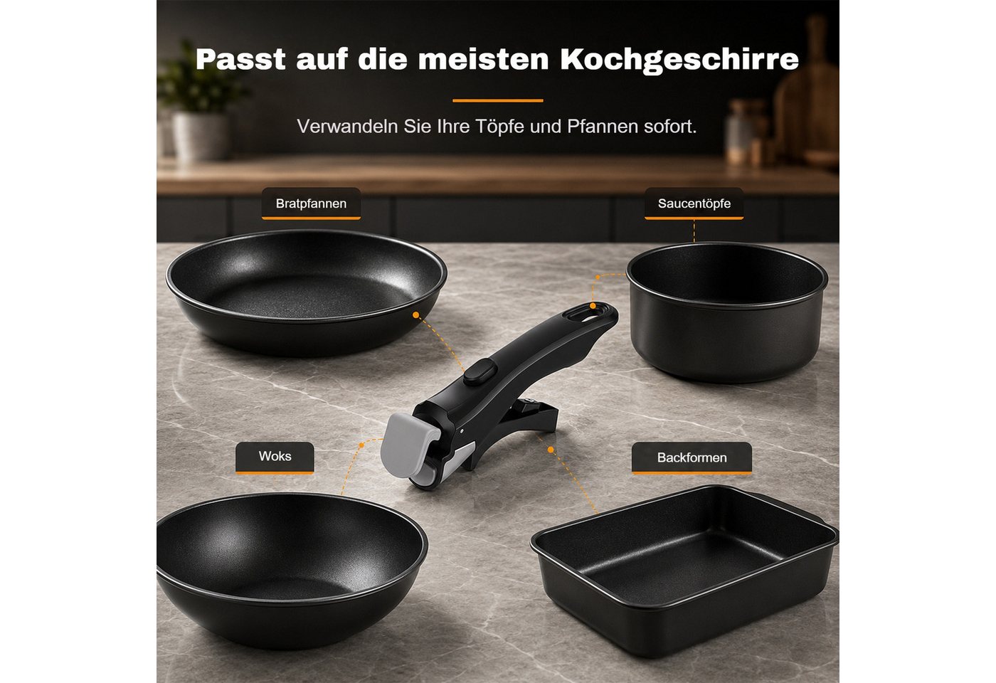 BlingBin Pfannengriff Abnehmbarer Topfgriff, Hitze- & Rutschfester Griff für Töpfe & Pfannen (1er Set, 1-St., Produktabmessungen: 19,5 x 7 x 4 cm), Anti-Rutsch  – Bild 5 von 5