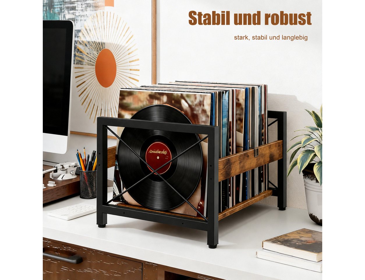 BlingBin Plattenständer Schallplattenständer Holz Metall, Vinyl Aufbewahrung für 50–100 LPs, Vinyl Regal Retro, 1 tlg., LP Regal – Bild 2 von 5