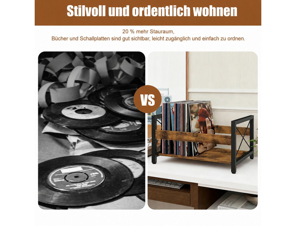 BlingBin Plattenständer Schallplattenständer Holz Metall, Vinyl Aufbewahrung für 50–100 LPs, Vinyl Regal Retro, 1 tlg., LP Regal – Bild 4 von 5