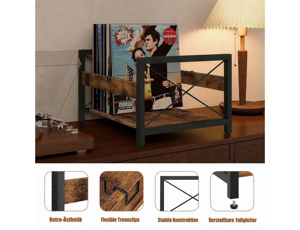 BlingBin Plattenständer Schallplattenständer Holz Metall, Vinyl Aufbewahrung für 50–100 LPs, Vinyl Regal Retro, 1 tlg., LP Regal – Bild 5 von 5