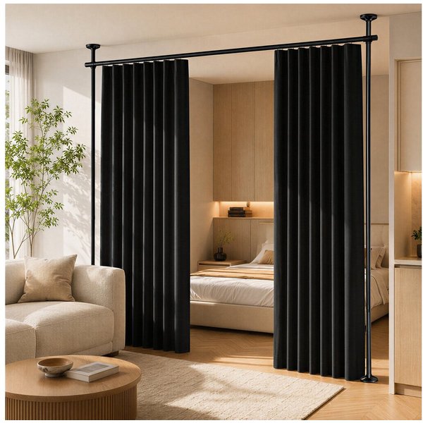 BlingBin Raumteiler Bohrfreier Raumteiler Spannstange, verstellbares Raumtrenn‑Spannsystem, 2‑vertikal 1‑horizontal, mit Vorhang, Höhe 227‑312 cm, Breite 71‑178