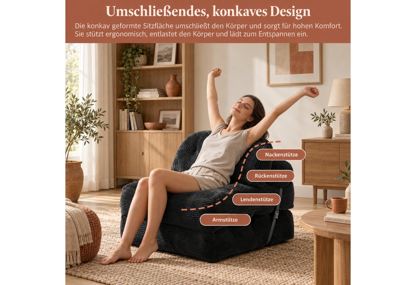 BlingBin Schlafsofa Schlafsessel Klappsofa 1-Sitzer mit Bettfunktion, 1 Teile, Schaumstoffflocken-Füllung, platzsparend – Bild 2 von 5