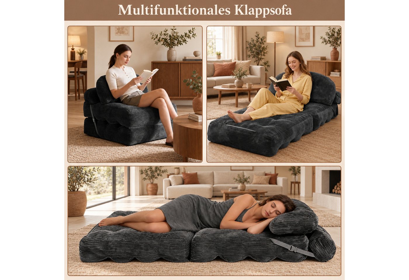 BlingBin Schlafsofa Schlafsessel Klappsofa 1-Sitzer mit Bettfunktion, 1 Teile, Schaumstoffflocken-Füllung, platzsparend – Bild 3 von 5