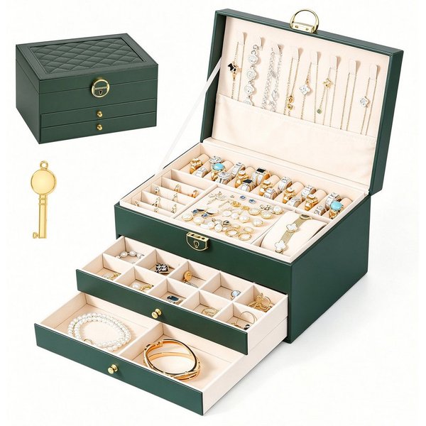 BlingBin Schmuckkasten Schmuckkästchen 3 Ebenen, Schmuckaufbewahrung mit 2 Schubladen (1er Set, 1 St., Schmuckschatulle, abschließbar, Tiefgrün), Schmuck Organi