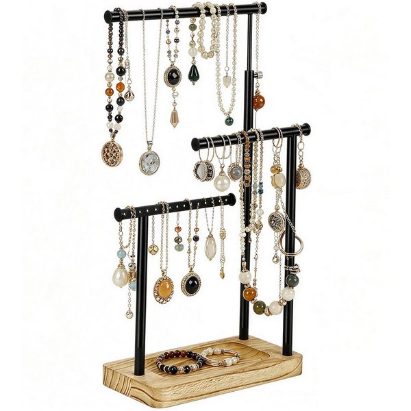 BlingBin Schmuckständer Holz Schmuckhalter Kettenhalter 3 Stäbe Drehbar (1er Set, 1 St., Ausziehbarer Halskettenhalter aus Metall mit Holzsockel), für Ohrringe,