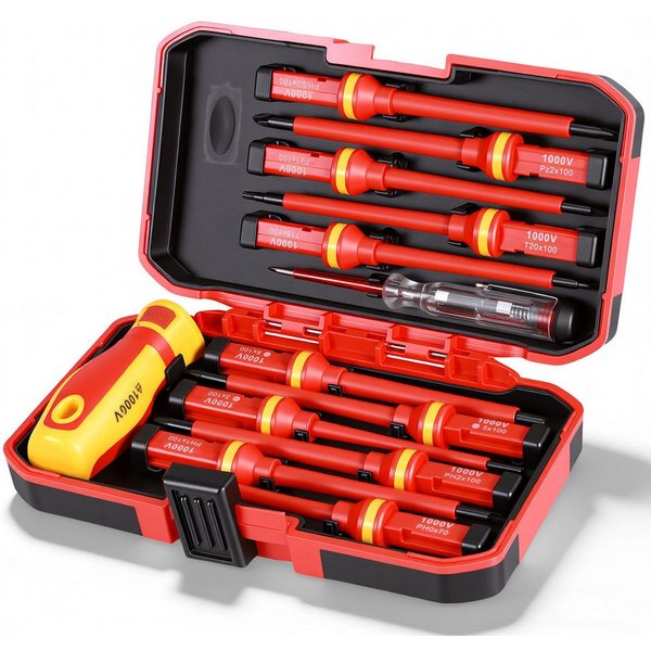 BlingBin Schraubendreher 13 Stücke VDE Isolierte Schraubendreher Set, (1er Set, 13 St., 11pcs Schraubendreherköpfen + 1 x Teststift + 1 x Schutzhülle), für Span