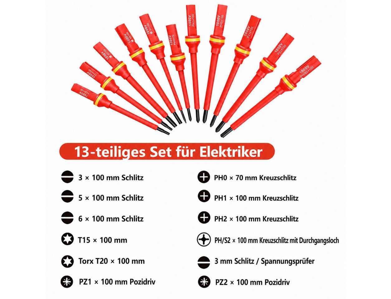 BlingBin Schraubendreher 13 Stücke VDE Isolierte Schraubendreher Set, (1er Set, 13 St., 11pcs Schraubendreherköpfen + 1 x Teststift + 1 x Schutzhülle), für Span – Bild 2 von 5