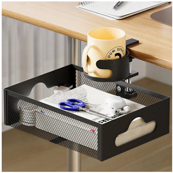 BlingBin Schreibtisch-Organizer Untertisch-Organizer mit Getränkehalter, 360° drehbar, ohne Bohren (Schreibtisch Ablage, 1 St., Schreibtisch Aufbewahrung, Homeo
