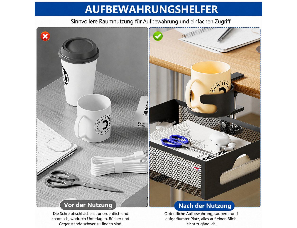 BlingBin Schreibtisch-Organizer Untertisch-Organizer mit Getränkehalter, 360° drehbar, ohne Bohren (Schreibtisch Ablage, 1 St., Schreibtisch Aufbewahrung, Homeo – Bild 3 von 5