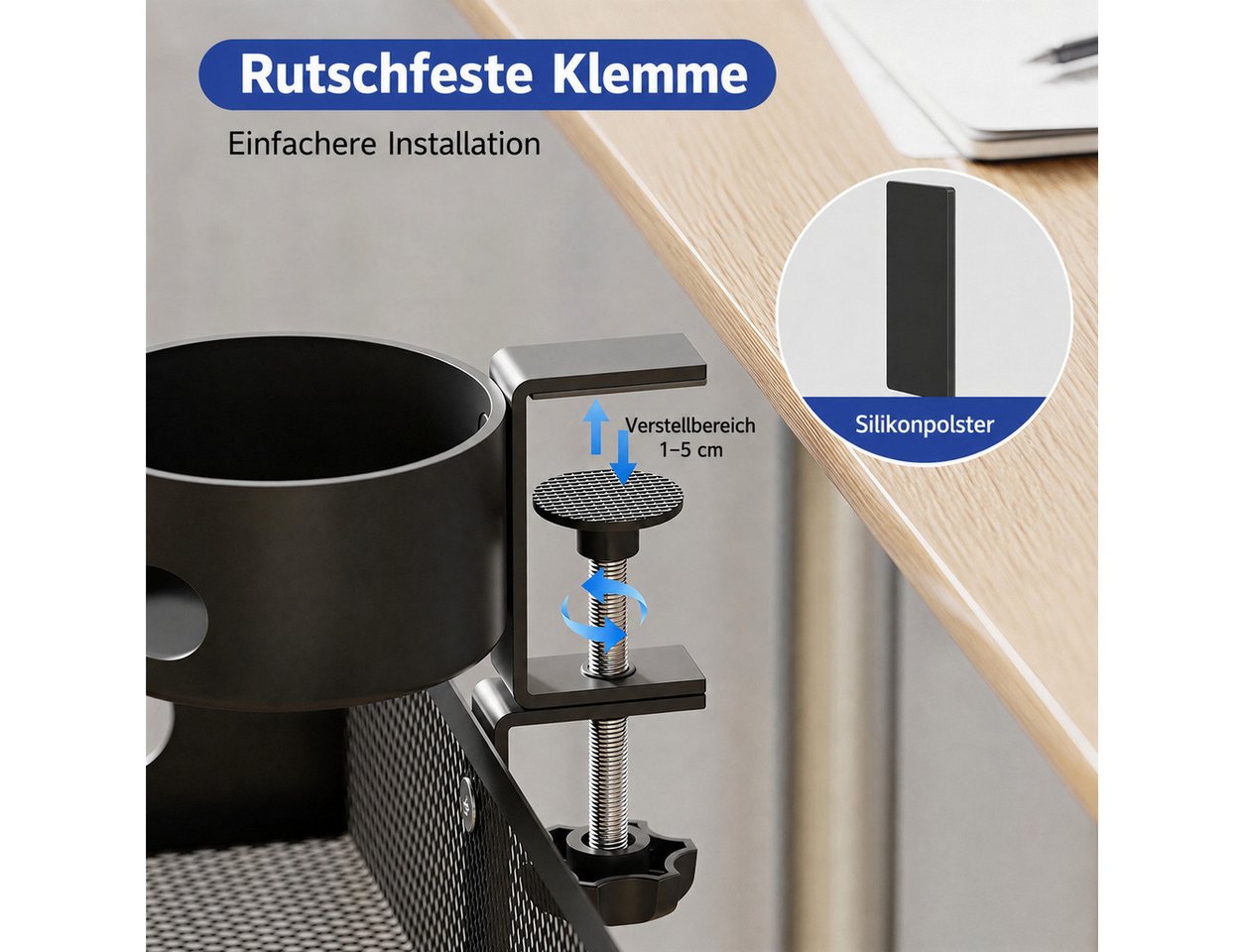 BlingBin Schreibtisch-Organizer Untertisch-Organizer mit Getränkehalter, 360° drehbar, ohne Bohren (Schreibtisch Ablage, 1 St., Schreibtisch Aufbewahrung, Homeo – Bild 4 von 5