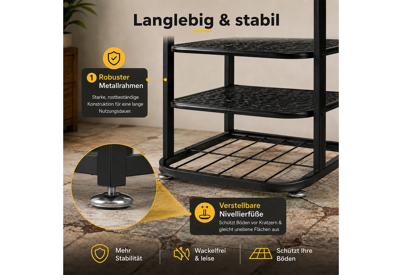 BlingBin Schuhregal 6 Ebenen, 96 cm hoch, Metall, Schwarz, schuhständer 1-tlg., Metall schuhregal schuhaufbewahrung platzsparendes sneaker regal – Bild 5 von 5