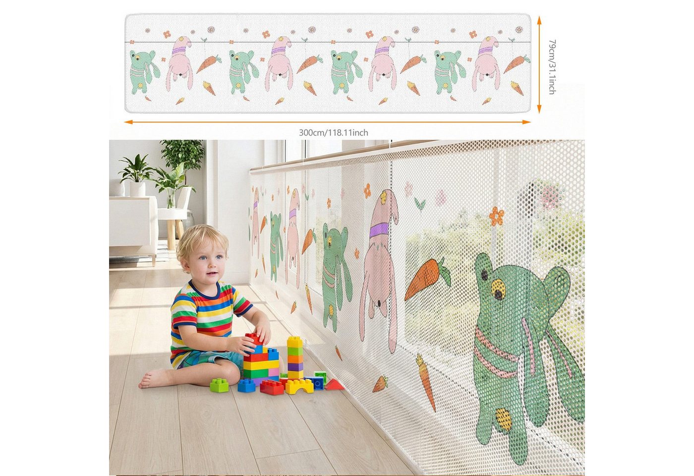 BlingBin Schutznetz 79x300cm Treppen Schutznetz, Treppengeländer Sicherheitsnetz Kinder, BxL: 0.79x3 m, (1er Set, 1-St., Material: Verdicktes Polyestergewebe),  – Bild 2 von 5