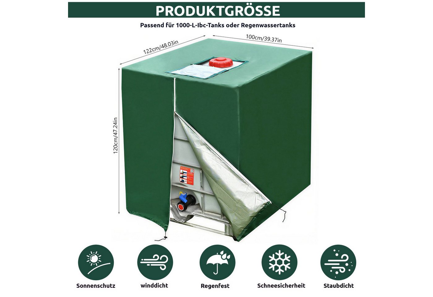 BlingBin Schutzplane IBC Tank Abdeckplane 1000L,420D Anti-UV Schutzplane mit Reißverschluss (1er Set, 1-St., 120 × 100 × 122 cm), Abdeckung für Regenwassertank  – Bild 2 von 5