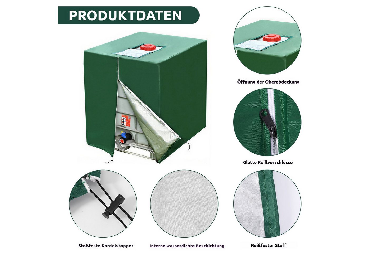 BlingBin Schutzplane IBC Tank Abdeckplane 1000L,420D Anti-UV Schutzplane mit Reißverschluss (1er Set, 1-St., 120 × 100 × 122 cm), Abdeckung für Regenwassertank  – Bild 3 von 5