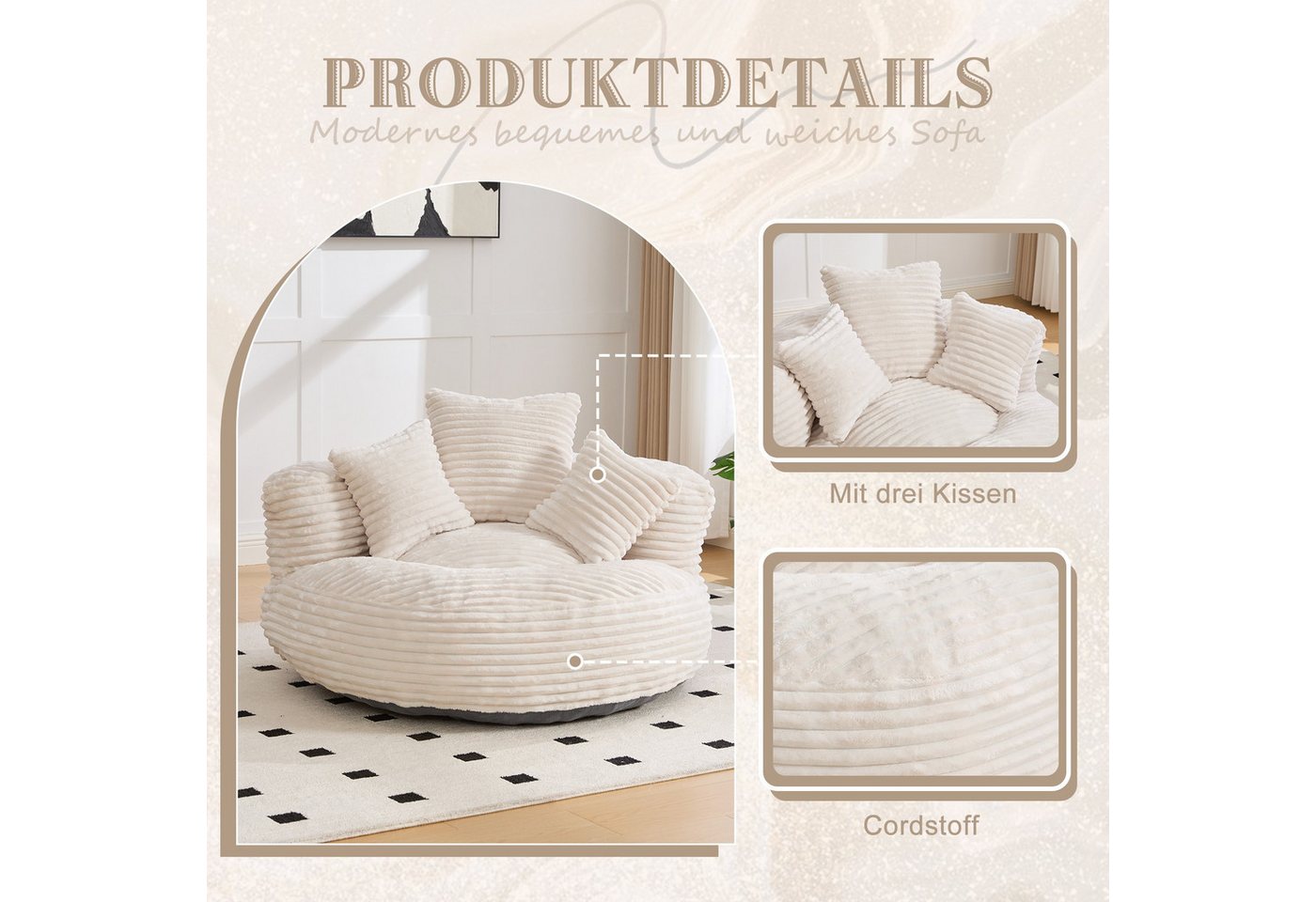 BlingBin Sitzsack Cordstoff-Sofa, Lazy Sofa (Sofa, 1 St., 108 x 108 x 52 cm), Mit drei Kissen, für Erwachsene und Kinder gleichermaßen geeignet – Bild 3 von 5
